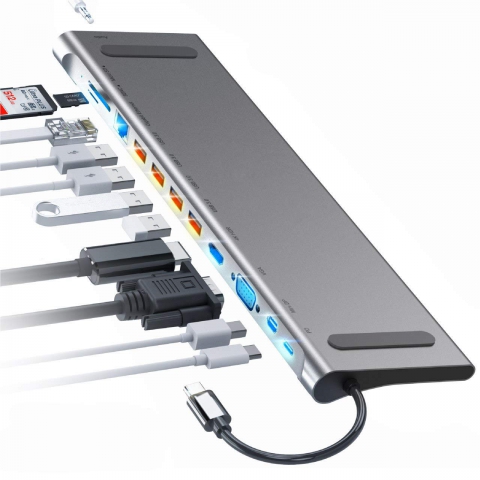 Docking Station USB-C 12 in 1, connessione a schermi HDMI VGA DP, RJ45, PD 87W, 4 porte USB3, audio e lettore di Card