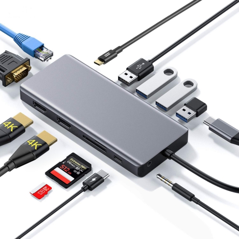 Docking Station USB-C 13 in 1, connessione a schermi HDMI VGA, RJ45, PD 87W, 3 porte USB3, 1 porta USB 2.0, audio e lettore di Card