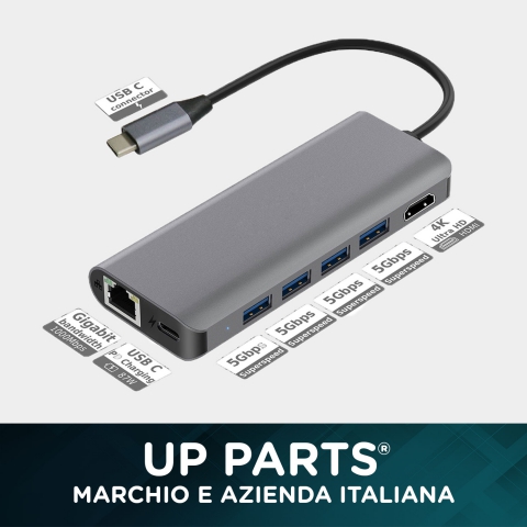 UP-DS-9857 | Docking Station USB-C 7 in 1, connessione a schermi HDMI , RJ45, PD 87W, 4 porte USB 3.0