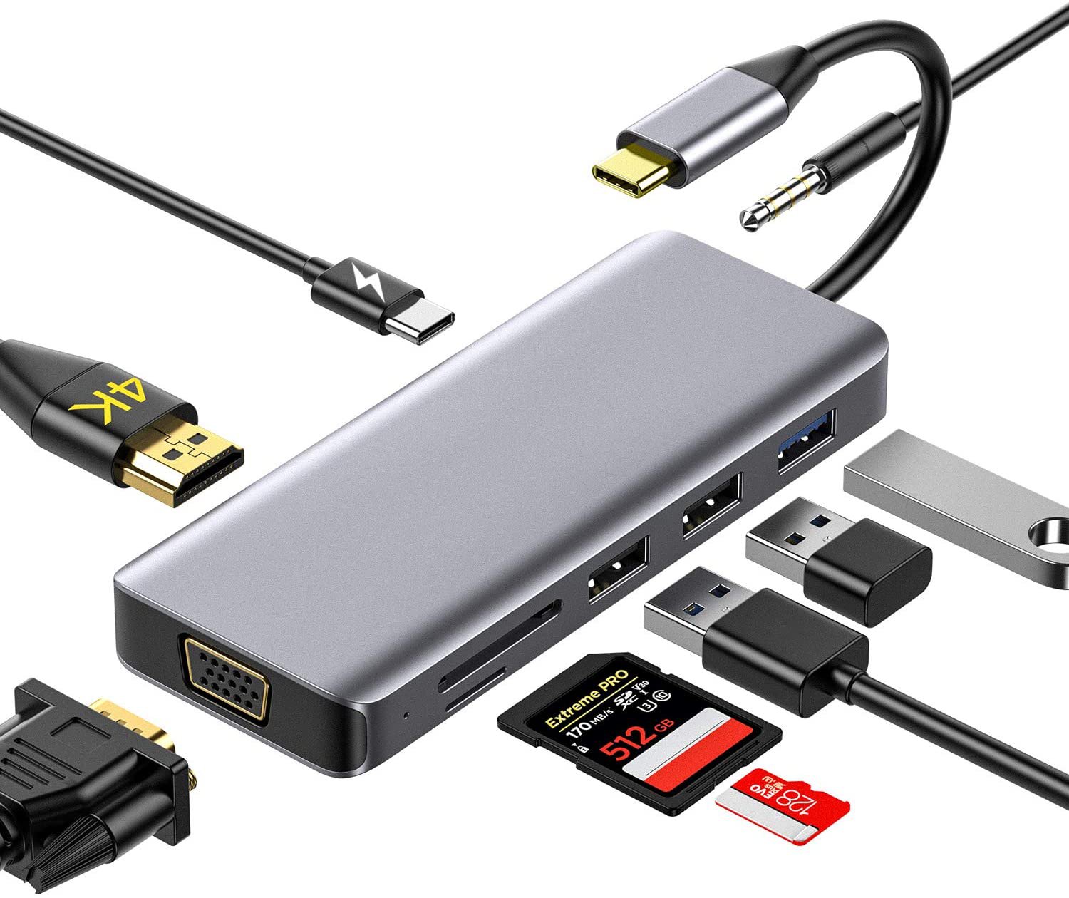 Dock universale USB-C 9 in 1 , connessione a schermi HDMI VGA,, PD 87W, 1 porta USB3, 2 porte USB 2.0, audio e lettore di Card